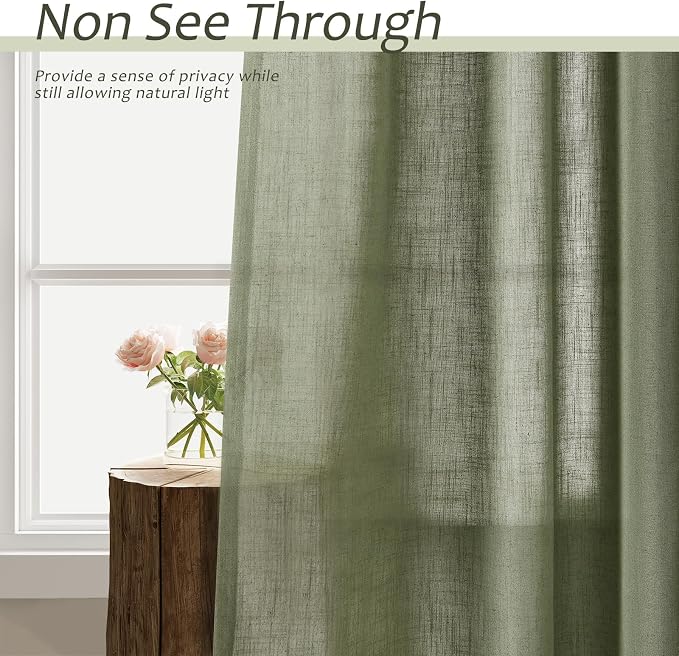 Aersas Olive Green Semi Sheer Long Curtains 120 Inch Length for Living Room 2 Panel Set Back Tab Rod Pocket Linen Textured Privacy Light Reducing Farmhouse Curtain for Dining Room 52x120