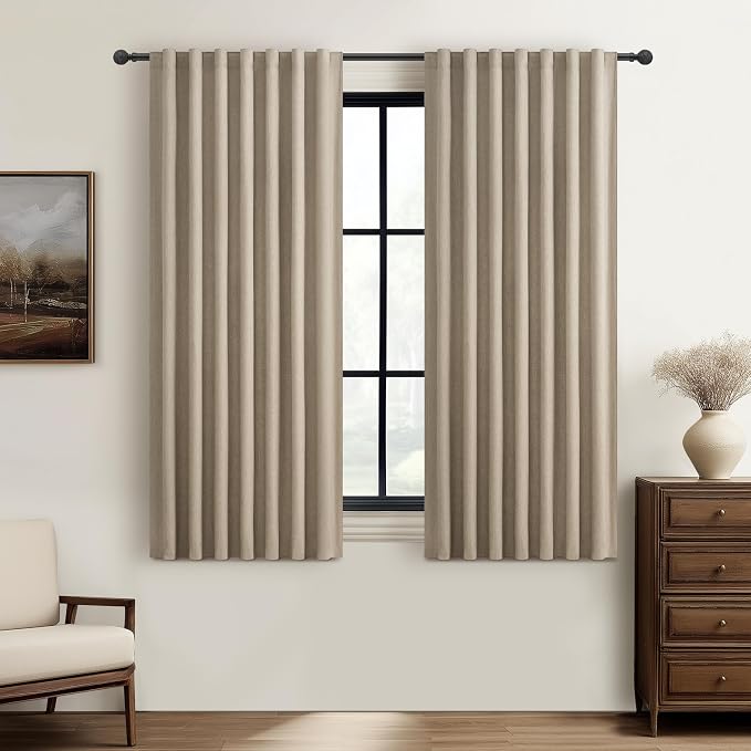 Grey Beige Short Small Window Room Darkening Curtains 54 Inches Long for Bedroom/Basement, Boho Linen Winter Thermal&Soundproof Blackout Curtains Back Tab Pleated with Hooks (50" Wx54 L 2 Panels Burg)