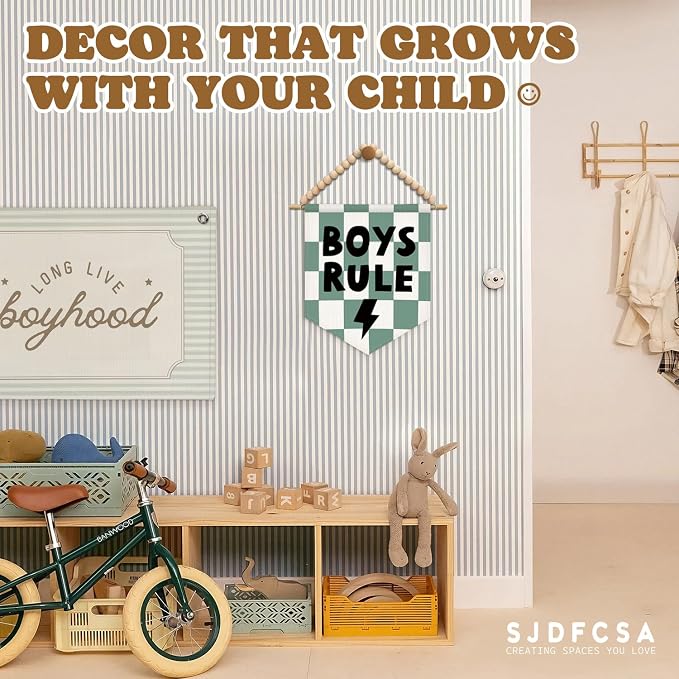 SJDFCSA Boys Room Wall Art Decor, Kids Playroom Decor, Boys Rule Green Checkered Boho Nursery Wall Hanging Display Pennant Flag for Kids Boy Nursery Toddler Room Bedroom Playroom