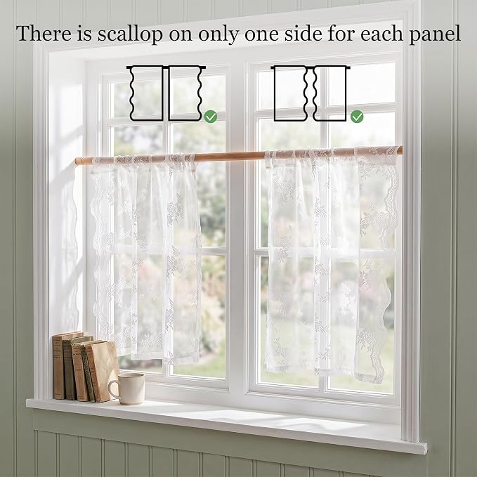 MEETSKY White Lace Curtains 30 Inch Length 2 Panels, Victorian Floral Pattern White Sheer Curtains for Kitchen and Bathroom Mini Curtains Over Sink for Small Windows Camper Cafe 26" W Each Panel