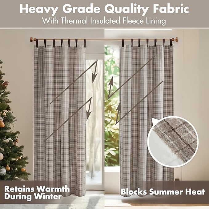 Madison Park Anaheim Cabin Plaid Curtain Window, Thermal Insulated Fleece Lining, Living Room Decor Room Darkening Drape for Bedroom, 1-Single Panel Pack, 50x95 Faux Leather Tab Top, Brown