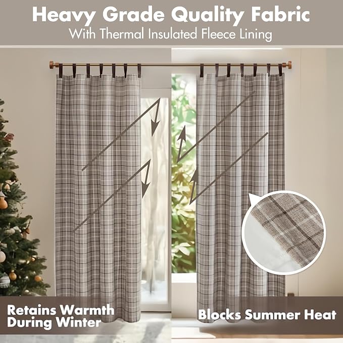 Madison Park Anaheim Cabin Plaid Curtain Window, Thermal Insulated Fleece Lining, Living Room Decor Room Darkening Drape for Bedroom, 1-Single Panel Pack, 50x84 Faux Leather Tab Top, Brown