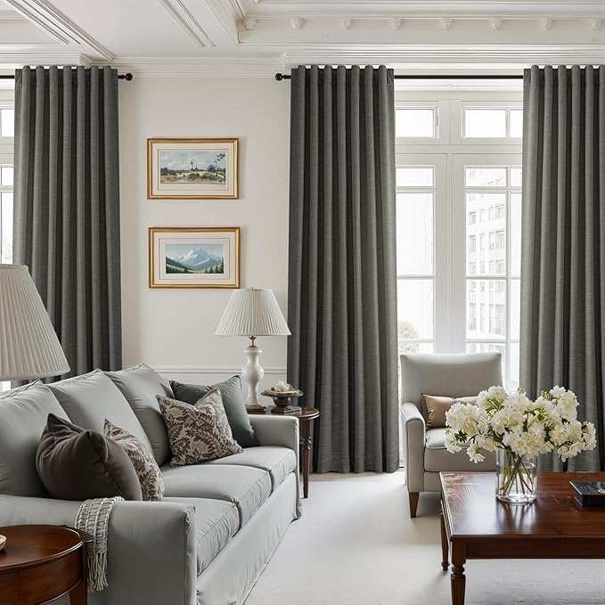 Topfinel Charcoal 90 Inch Long Blackout Bedroom Curtains Back Tab & Rod Pocket, Modern Farmhouse Blend Linen Panels for Track System, Modern Chic Carbon Grey Noise Cancelling Drapes 52" W*90" L