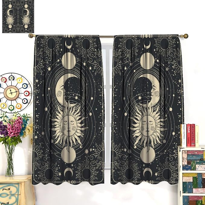 Sun Moon Blackout Curtains, Bohemia Retro Moon Phase Gothic Rod Pocket Window Treatment Drapes for Bedroom Living Room 63" W X 72" L