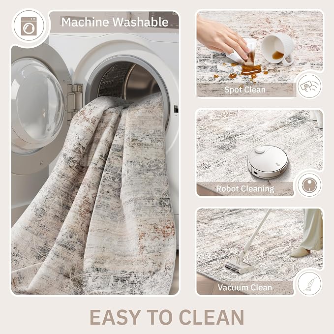 Soalmost 5x7 Area Rugs for Living Room, Washable Bedroom Soft Rug Taupe | Vintage Floral Stain Resistant Non-Slip Low Pile Throw Large Carpet for Dining Room Kitchen Home Office Nursery 5'x7'