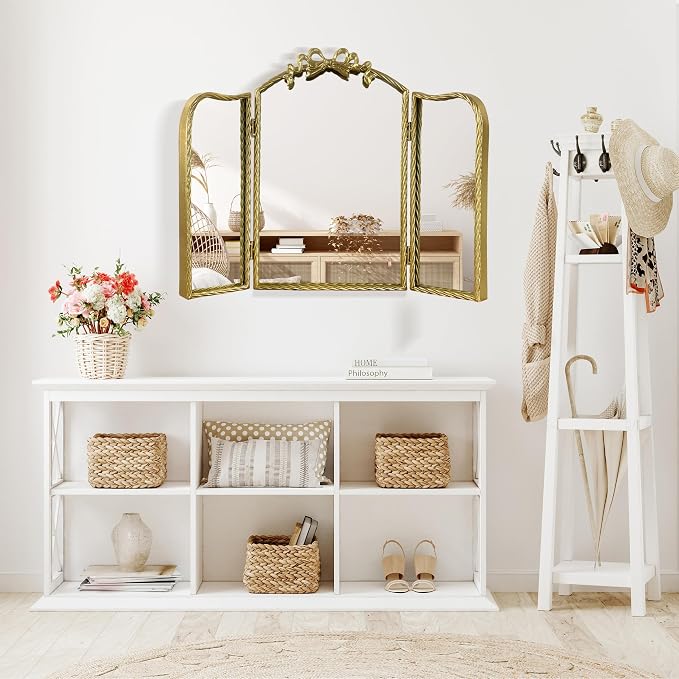 Gold Trifold Vanity Mirror Bow Top, 3-Way Makeup Mirror, Wall Mirrors for Entryway, Dresser Mirror for Bedroom, Wall Mirrors over Bathroom Sink, Decorative Mirror for Mantle, Wall-Mount Tabletop