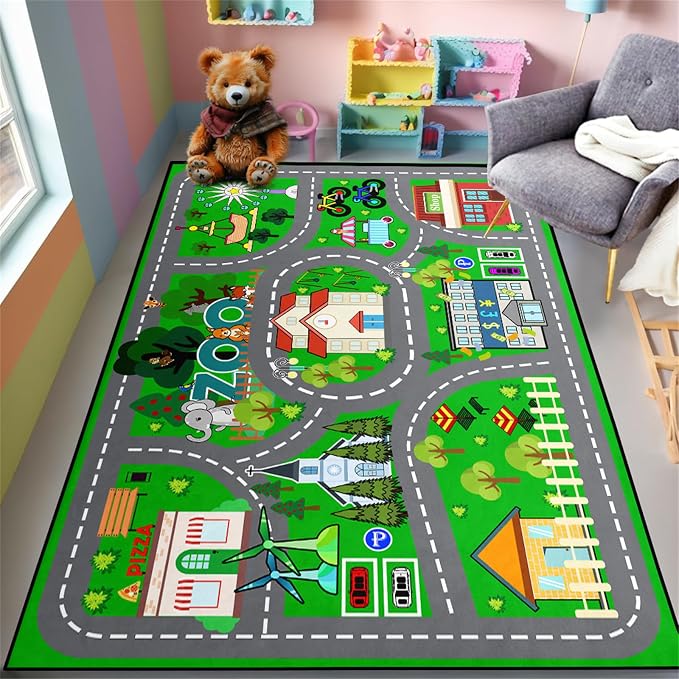 Kids Car Rug Play Mat 100×150cm (39×59 Inch), City Road Play Rug for Toddlers, Washable Non-Slip Car Track Playmat for Playroom, Bedroom, Nursery, Educational Floor Rugs for Kids, 3x5 Feet