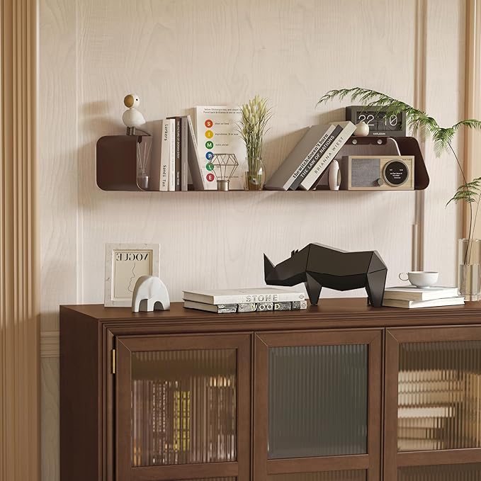 Sttoraboks Floating Wall Shelves Set of 3, Metal Mounted Shelf with Unique Design, Bookshelf for Storage & Display in Bathroom, Bedroom, Kitchen, Living Room, Brown Home Decor