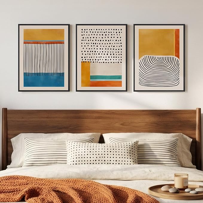 Framed Abstract Mid Century Modern Wall Art Bedroom, 3 Piece Colorful Bright Blue Yellow Canvas Artwork for Walls, Modern Paintings Prints Pictures for Living Room Hallway Kitchen Wall Decor, 12x16 In