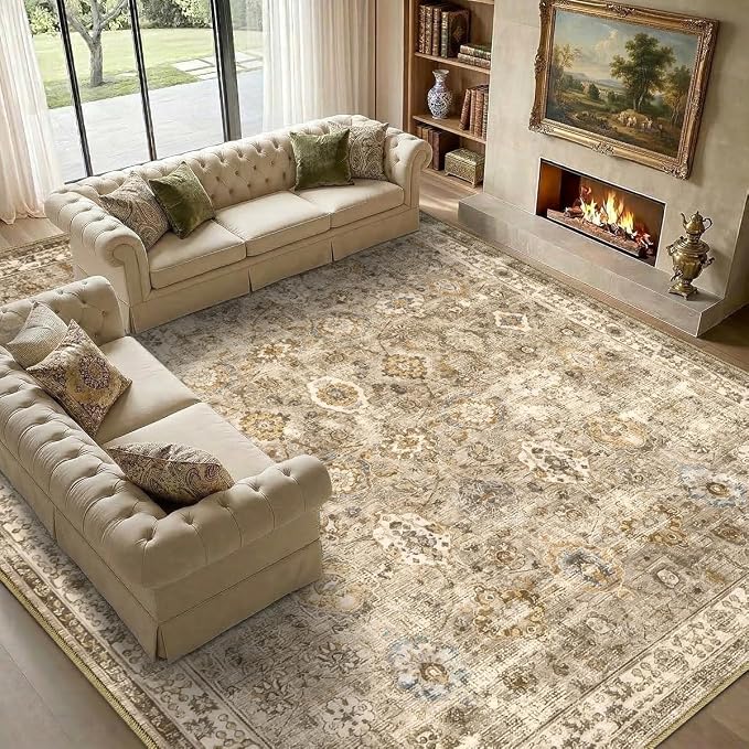5x7 Area Rug for Living Room-Vintage Farmhouse Boho Floral Neutral Washable Stain Resistant Indoor Carpet for Bedroom Office and Home Decor(Brown&Gold)