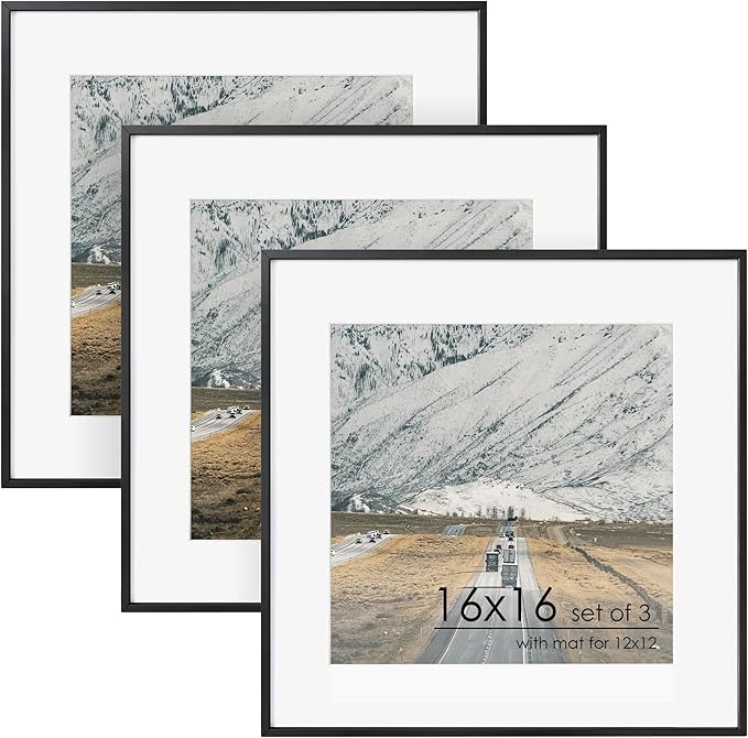 FLYJOE 16x16 Metal Square Picture Frame For Wall With Mat For 12x12, 16''x16'' Aluminum Photo Frames With Tempered Glass, Minimalist Modern Poster Frame Horizontally Vertically Set of 3, Black