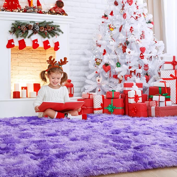 AROGAN Soft Rainbow Area Rugs for Girls Room 6x9 Feet, Fluffy Girls Bedroom Rugs, Princess Rug, Cute Colorful Carpet for Kids Teens Nursery Toddler （Purple）