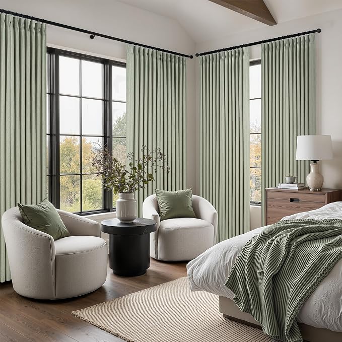 102 Inch Curtains 2 Panels Set,Two Packs Pinch Pleat Back Tab Linen Window Semi Sheer Privacy Thick Decorative Curtain Drapes for Living Room Bedroom,40x102 in Long,Sage Green