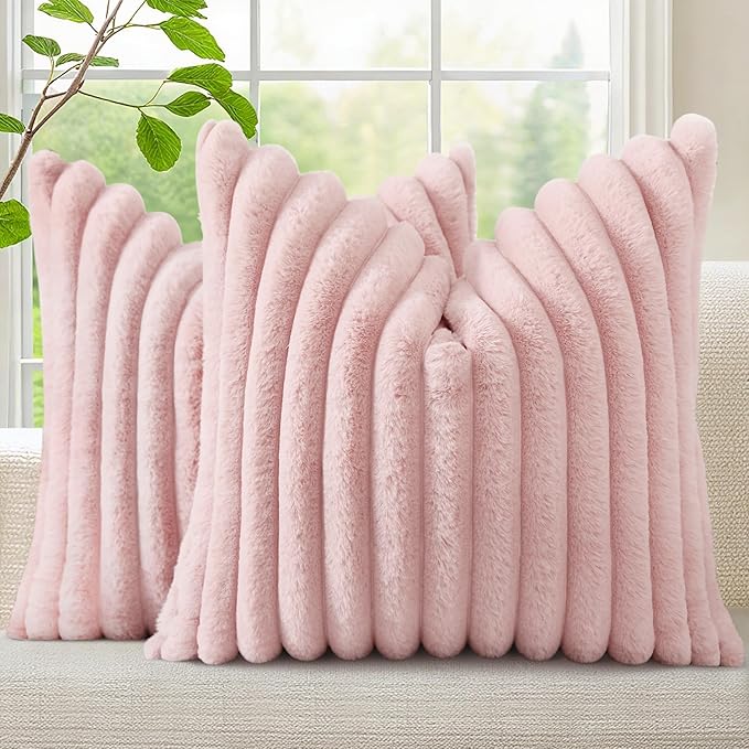 decorUhome Fall Cozy Faux Fur Throw Pillow Covers 20x20 Set of 2 Decorative Soft Plush Striped Modern Farmhouse Boho Couch Pillow Cases with Velvet Back for Sofa Bed Living Room, Pink
