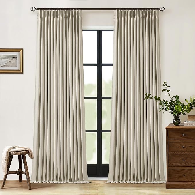 Burlywood Birch Pinch Pleated Full Blackout Curtains Linen Blend Room Darkening Window Curtains 95 Inch for Living Room Bedroom Thermal Insulated Back Tab Pinch Pleat Drapes with Hooks Rings 2 Panels