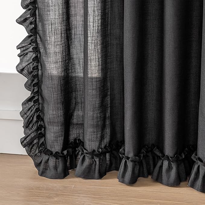 TERLYTEX Black Linen Curtains 96 Inches Long 2 Panels, 58 x 96 Inch, Farmhouse Ruffled Curtains for Living Room Rod Pocket Privacy Light Filtering Semi Sheer Cottagecore Flowy Ruffle Window Drapes