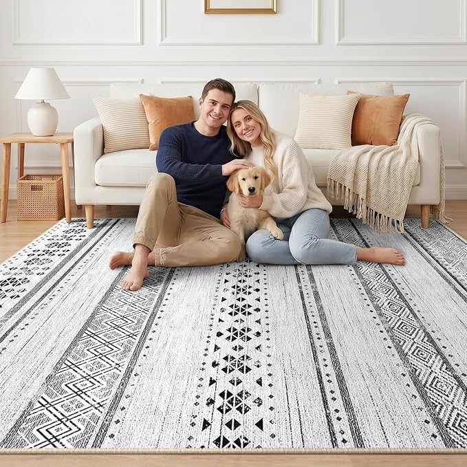 BESTSWEETIE 8x10 Area Rugs for Living Room Washable Moroccan Farmhouse Neutral Geometric Low Pile Non-Slip Soft Print Pattern Rug for Bedroom Kitchen Dining Room Entryway Grey/Black/Navy