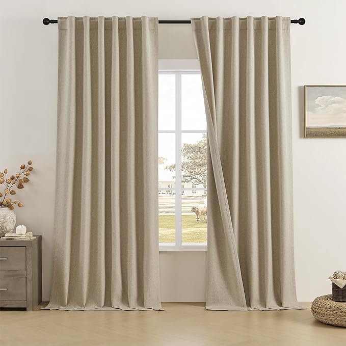 DUALIFE 100% Blackout Curtains 120 Inches Long 10 ft Tall,Extra Long Curtains Linen Textured Thermal Insulated Curtains & Drapes for Bedroom,Living Room - Taupe W50x L120