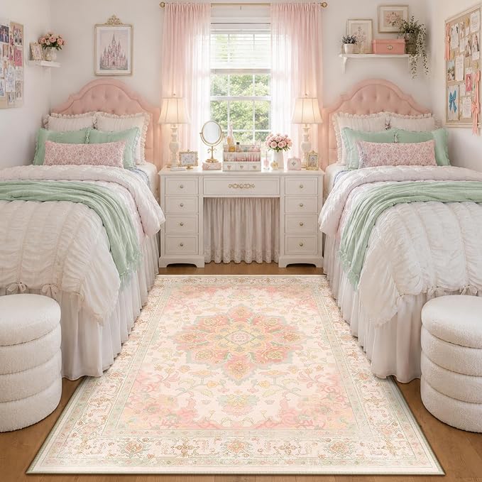 CAPALOCA Machine Washable Rugs Nursery Rug 4x6 Cute Girl Non Slip Low Pile Water Repellent Soft Print Pattern for Bedroom Indoor Decor Kids Playroom Pink Green