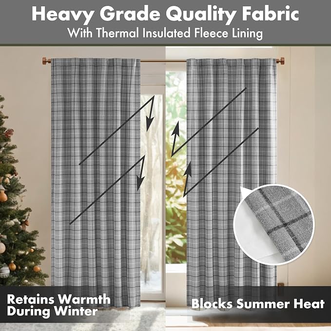 Madison Park Anaheim Cabin Plaid Curtain Window, Thermal Insulated Fleece Lining, Living Room Decor Room Darkening Drape for Bedroom, 1-Single Panel Pack, 50x95, Rod Pocket & Back Tab, Grey