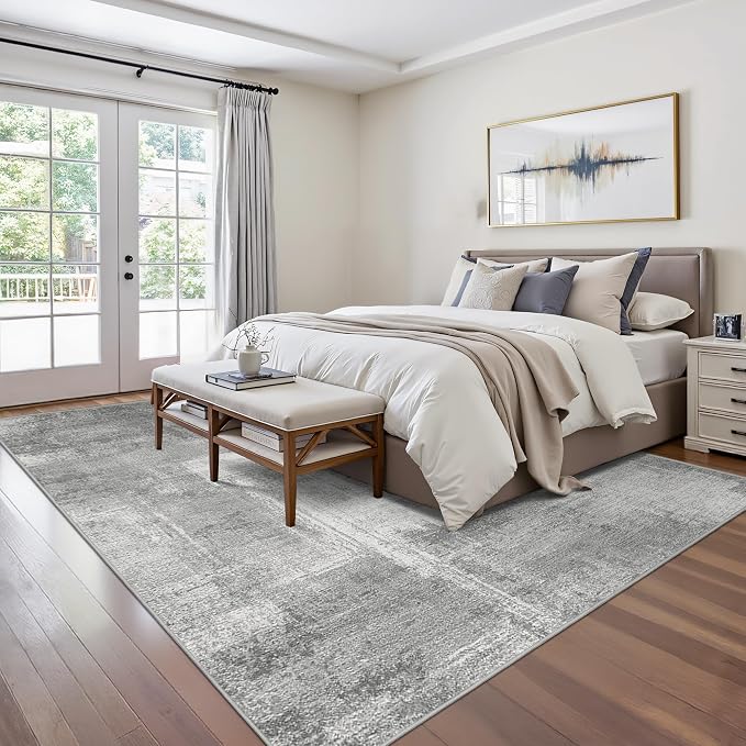 zesthome Washable Area Rug 6x9, Large Abstract Rugs for Living Room, Non-Slip Stain Resistant Rugs, 6x9 Area Rugs for Bedroom, Dining Room, Ultra-Thin Indoor Area Rugs (Grey/Ivory, 6'x9')