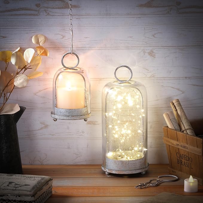 5" & 4" Wide Versatile Metal Candle Holder in Shabby White with Handmade Thick, Heavy & Sturdy Glass Dome for Pillar Candle, Industrial, Modern, Shelf, Mantel, Veranda, Porch