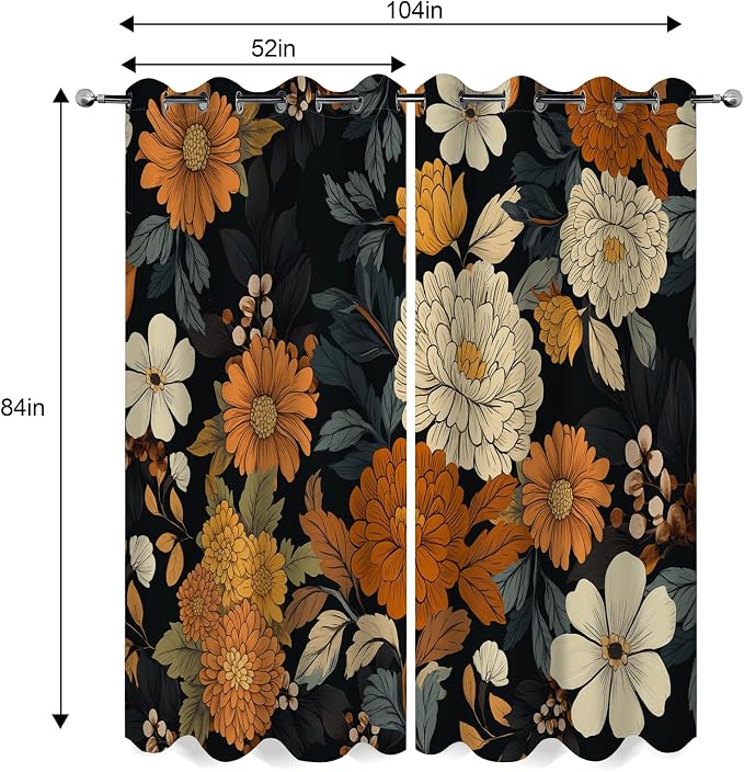 Retro Boho Flower Floral Blackout Curtains Colorful Flowers Halloween Spring Summer Autumn Winter Decor Women Men Girls Boys Bedroom Door Living Room Darkening Grommet Window Drapes 2 Panels, 52"x84"