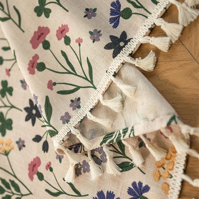 Deeprove Boho Valance Curtain 18 Inch with Tassels Cute Floral Herb Print Kitchen Window Sheer Short for Living Room Cafe Closet Farmhouse Chic Vintage Country Style Drape Decor 1 Panel 52W x 18L