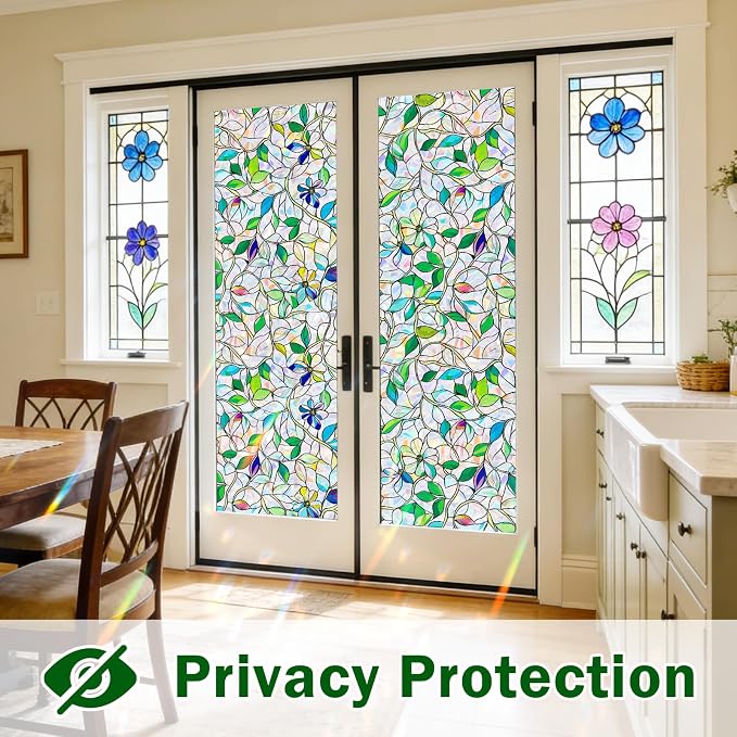 Stained Glass Window Film, Rainbow Privacy, One Way Decorative Tint, Static Cling, Renter Friendly for Home Bathroom Door