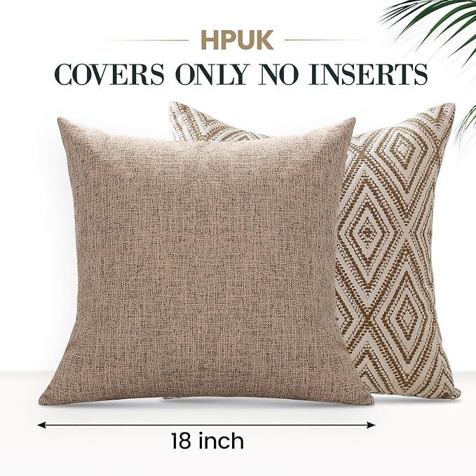 HPUK Throw Pillow Covers 18x18 Inch Set of 4, Linen Decorative Pillow Covers, Accent Cushion Covers for Couch Sofa Bed Bedroom Living Room Décor, Light Brown