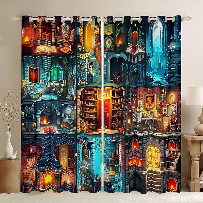 Castle Fairy Sandbox Games Window Curtain,Pixelated Miner Theme Living Room Decor Curtains,Kids Boys Block Patchwork City View Window Treatment Building Gamer Blackout Drapes 2 Panels,42Wx84L