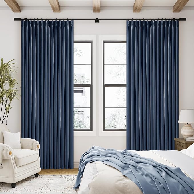Dark Blue Pinch Pleated 100% Blackout Linen Bedroom Curtains 96 Inch Length Double Layer Pleat Curtains Ring Hooks Back Tab Black Out Room Darkening Drapes 96 Inches Long Living Room Indigo Navy