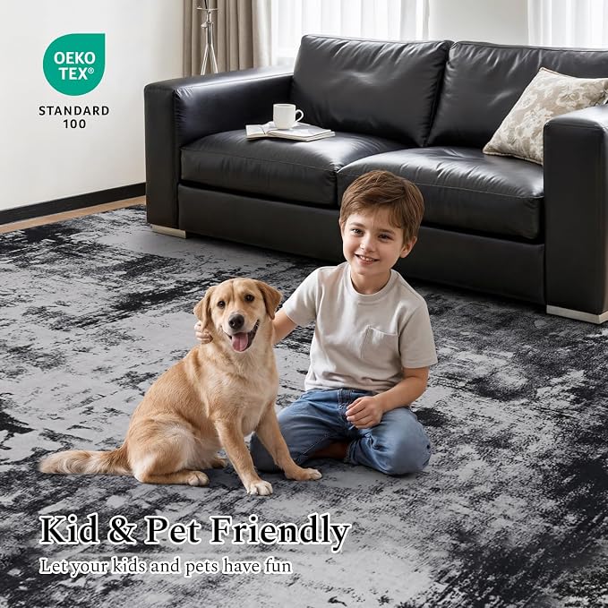 Rugflix Round Area Rugs 6Ft for Living Room, Washable Circle Rug Stain-Resistant Low Pile, Modern Dark Carpet for Bedroom Dining Room Home Office Kid Nursery Room, Black Grey