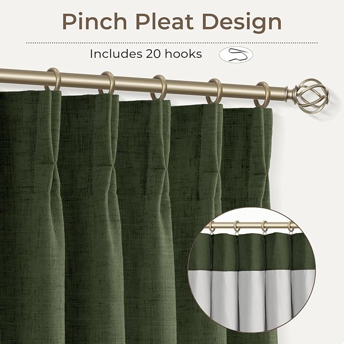 CAPALOCA Pinch Pleated Blackout Curtains 108 Inches Long, Linen Blend, 100% Blackout Drapes with 20 Hooks, Ideal for Bedroom and Living Room, 40" W x 108" L (Pack of 2), Loden Green