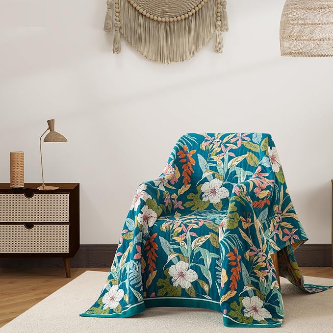 Phuryllic Boho Throw Blanket Full Size, Extra Large Soft Cozy Cotton Muslin Quilt Blanket for Bed Decor, Floral Patterned Couch Sofa Chair Cover, Vintage Farmhouse Cottage Woven Blanket, Teal&Green