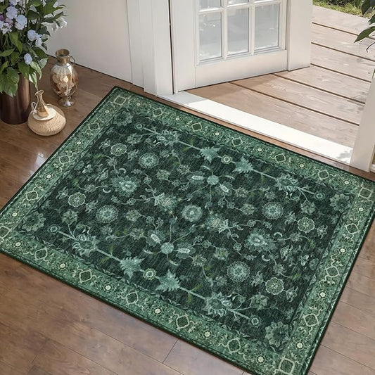 Tangsoo Green Washable Entry Rug, 2x3 Small Area Throw Rugs for Entryway Non Slip, Distressed Vintage Floral Thin Rug for Bathroom Kitchen Bedroom, Low Pile Floor Carpet Front Door Mat for Entrance