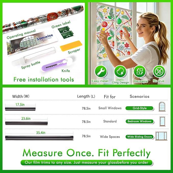 SOMWISE Rainbow Window Privacy Film,Heat Control,UV Blocking,Anti-Glare,Day & Night Privacy Protection & Decoration for Home, Bathroom,Glass Door,Static Cling,Renter-Friendly with Installation Tools