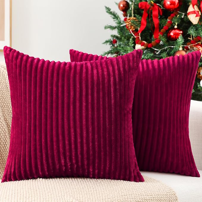 Simmore Decorative Fall Throw Pillow Covers 22x22 Set of 2, Soft Natural Plush Flannel Double-Sided Fluffy Couch Euro Sham Pillow Covers for Sofa Living Room, Burgundy