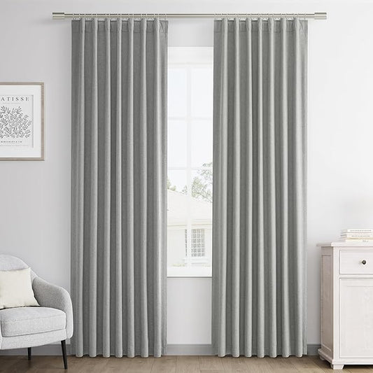 Joywell 100% Blackout Linen Curtains 96 Inch Long for Bedroom Window Black Out Curtain Rod Pocket Hook Belt Back Tab Room Darkening Drapes for Sliding Glass Door Window 2 Panel,52 x 96,Dark Grey