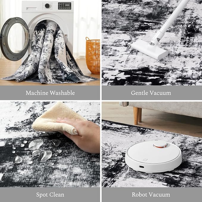 Rugflix 2x8 Runner Rug for Entryway, Kitchen Rugs Soft Non-Slip Washable Runners for Hallway, Abstract Small Carpet with Non-Slip Backing for Bedroom, Living Room, Black Grey