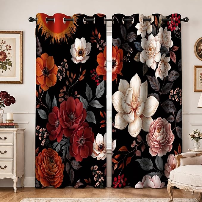 iTapnoom Boho Floral Blackout Curtains for Bedroom, Vintage Botanical Flower Drapes Mid Century Window Curtains Darkening Thermal Insulated Grommet for Living Room Bedroom Decor 2 Panels 52x84 Inches
