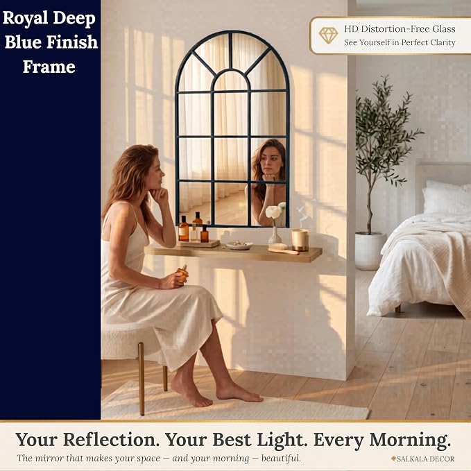 Blue Arched Windowpane Mirror 32x20 Inch, Decorative Mirrors for Wall Entryway Living Room, Farmhouse Arch Window Pane Mirror, Large Wall Mirror for Home Decor