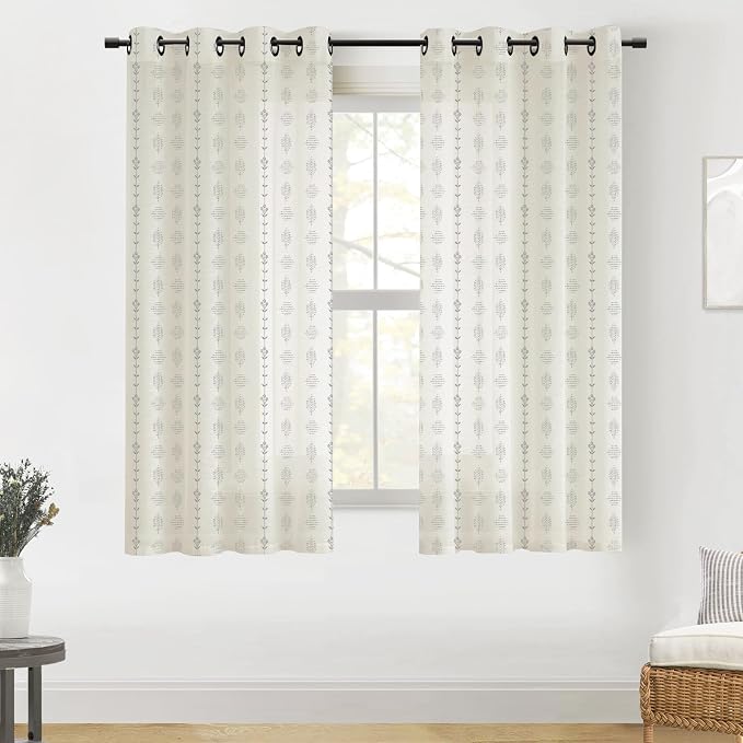 Grey Floral Sheer Curtains, Light Gray and Cream Beige Boho Pattern Curtains for Bedroom Living Room