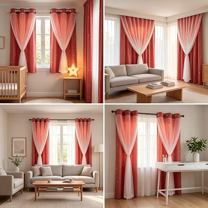 Princess Curtains for Girls Bedroom with Sheer Overlay,Double Layer Curtain for Living Room with Star Cutout, Curtains for Kids Room (70 W*95 L Inches,2 Pcs Coral)