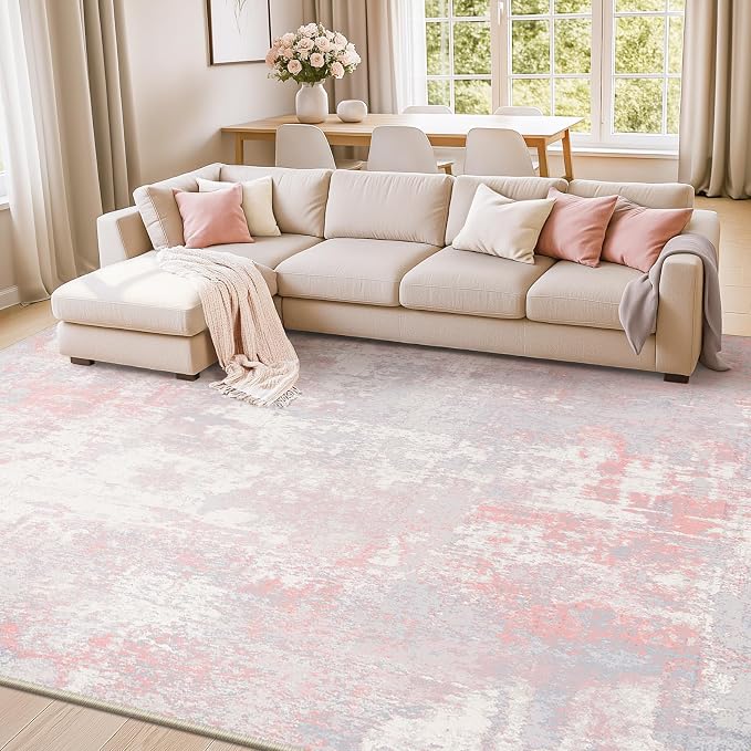 RELEANY Washable Area Rugs 8'x10' Non-Slip Modern Abstract Soft for Living Room Entryway Bedroom Kitchen, Print Pattern, Grey Pink