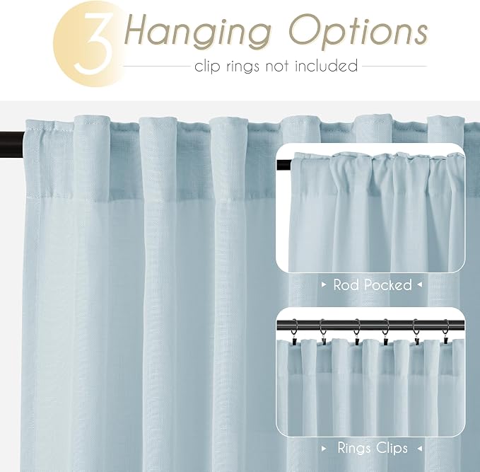 Sky Blue Curtains 90 Inch Length for Bedroom Back Tab Light Filtering Semi Sheer Living Room Curtains Linen Cotton Textured Drapery Panel Aesthetic Decor 52x90
