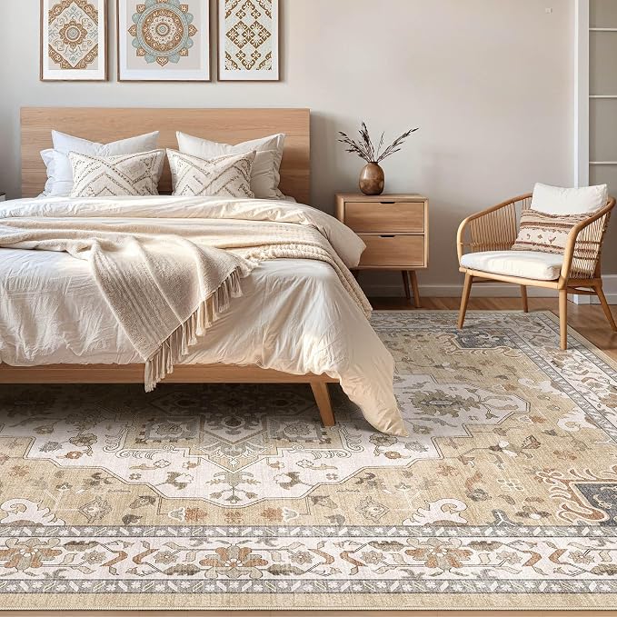 8x10 Area Rugs Living Room: Washable Boho Large Neutral Vintage Soft Rug Stain Resistant Farmhouse Non-Slip Indoor Floor Retro Carpet for Bedroom Nursery Kids Office Dining Room- Sand Gray