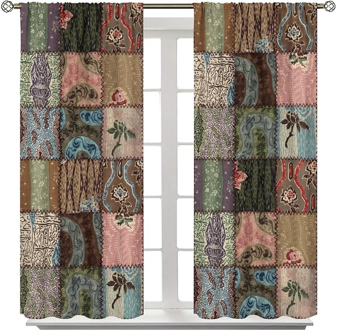 Boho Floral Patchwork Blackout Curtains Pieced Patchwork Plaid Design Farmhouse Green Green Print Window Drapes for Bedroom Living Room Kitchen Cafe （W21xL54 Inch） x2 Panels