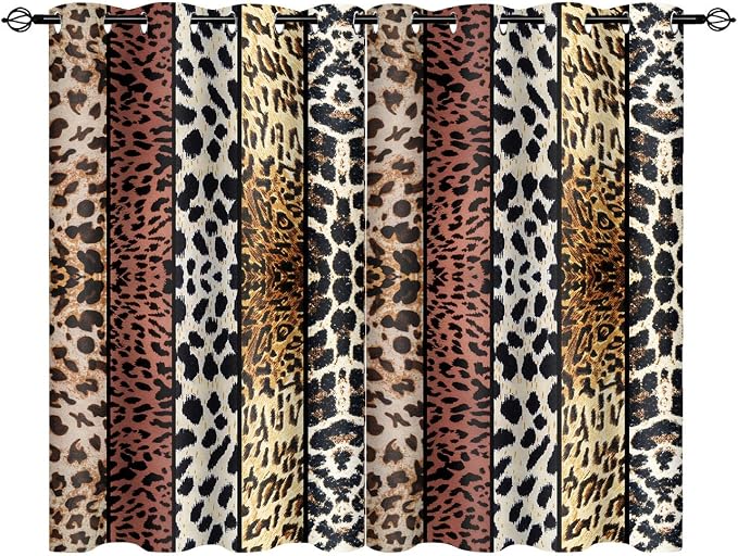 Wild Animal Print Curtain, Room Darkening Thermal Insulated Blackout Leopard Boa Window Drapes with Grommets for Living, Dining, Bedroom, Brown Leopard Print, 52"x 60", 2 Panels
