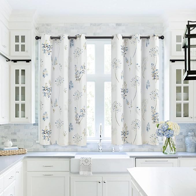 XTMYI Country Rustic Curtains for Kitchen,Retro Vintage Floral Short Bathroom Window Curtain Set,45 Inch Length,Navy Blue and Brown